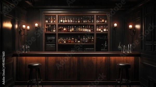Fototapeta Dark and Moody Bar with Whiskey Bottles, Wooden Counter, and High Stools - Hyper-Realistic Canon EOS R5 Style. AI generated illustration