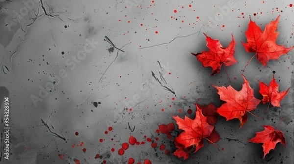 Fototapeta Flat lay frame with colorful autumn leaves on gray cement background with ample copy space image. isolated pastel backdrop. colorful desktop wallpaper with maple leaves