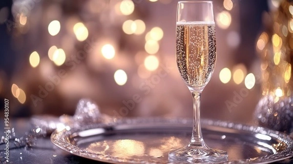 Fototapeta Glass of Champagne on a Silver Tray with Bubbles, Against a Glamorous Evening Party Backdrop - Celebratory Atmosphere. AI generated illustration