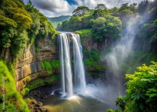 Fototapeta Wailua Falls in the afternoon with the mist creating a veil of mystery, highlighting the force and power of the falling water.