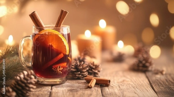 Obraz Cozy Mulled Wine with Cinnamon and Orange in Festive Holiday Setting. AI generated illustration