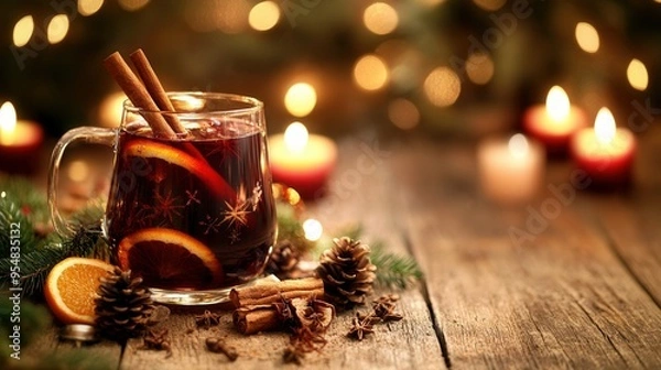Fototapeta Cozy Mulled Wine with Cinnamon and Orange in Festive Holiday Setting. AI generated illustration