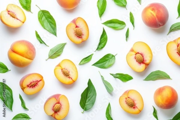 Fototapeta A playful arrangement of fresh peaches, both whole and sliced, with green leaves scattered