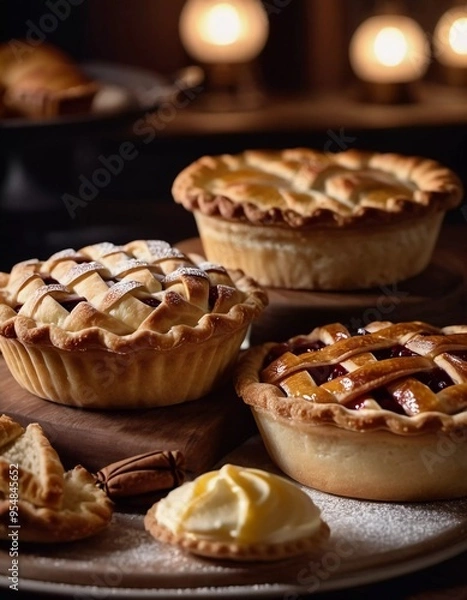 Fototapeta Freshly baked pastries and pies are arranged attractively on a table in a warm bakery. Their golden brown crusts feature beautifully crafted designs topped with a dusting of sugar. Generative AI