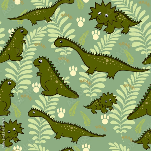Fototapeta Seamless baby dinosaur background pattern in vector