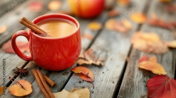 Fototapeta Warm Apple Cider with Cinnamon and Cloves on Autumn Deck. AI generated illustration