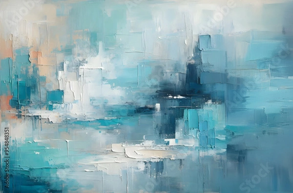 Fototapeta Abstrakte, blau-weiße Struktur mit dicken Öl-Pinselstrichen, oil painting, Textur oder Hintergrund