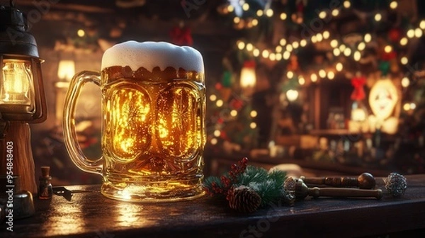 Fototapeta Oversized Glass of Golden Beer in Cozy Tavern. AI generated illustration