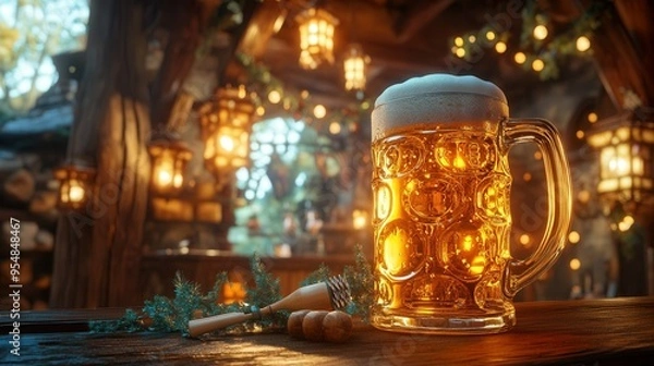 Fototapeta Oversized Glass of Golden Beer in Cozy Tavern. AI generated illustration