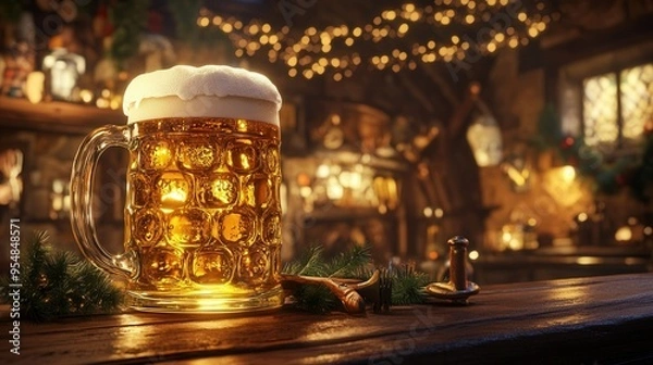 Fototapeta Oversized Glass of Golden Beer in Cozy Tavern. AI generated illustration
