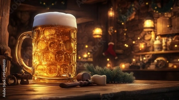 Fototapeta Oversized Glass of Golden Beer in Cozy Tavern. AI generated illustration