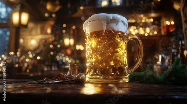 Fototapeta Oversized Glass of Golden Beer in Cozy Tavern. AI generated illustration