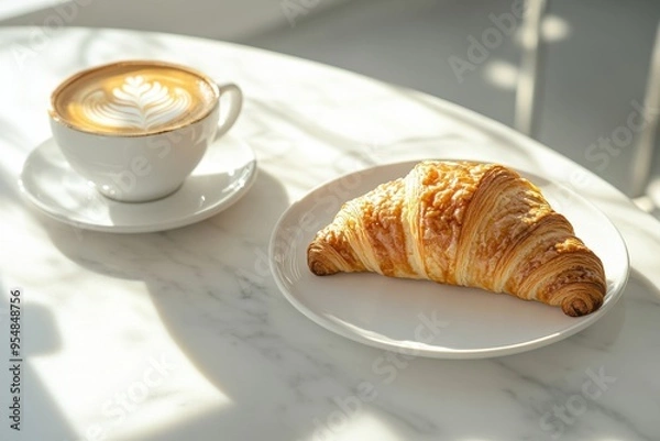 Fototapeta A serene breakfast scene featuring a perfectly baked croissant on a white plate accompanied by a cup