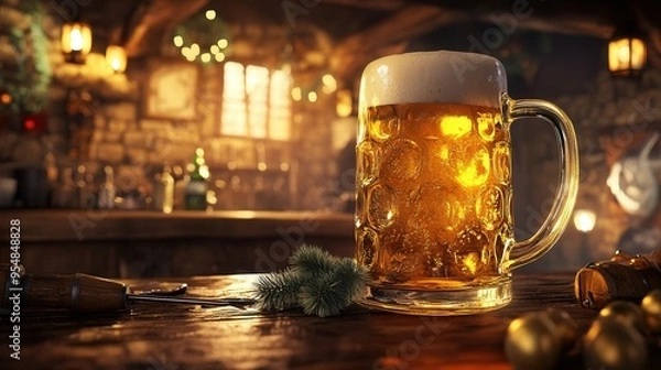 Fototapeta Oversized Glass of Golden Beer in Cozy Tavern. AI generated illustration