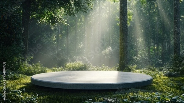 Fototapeta Round Concrete Platform for Product Presentation in Forest. AI generated illustration
