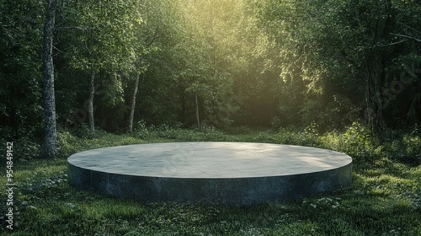 Fototapeta Round Concrete Platform for Product Presentation in Forest. AI generated illustration