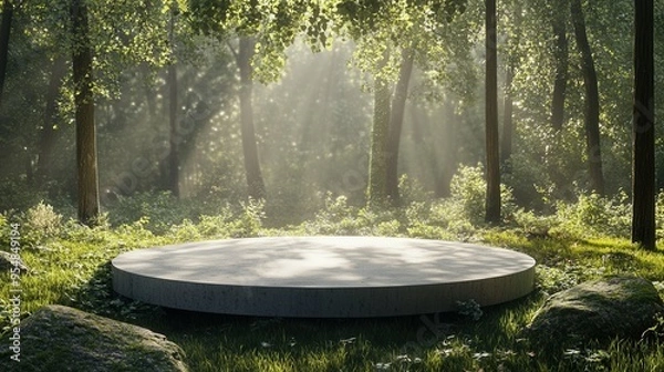 Fototapeta Round Concrete Platform for Product Presentation in Forest. AI generated illustration