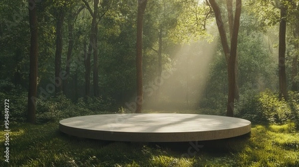 Fototapeta Round Concrete Platform for Product Presentation in Forest. AI generated illustration