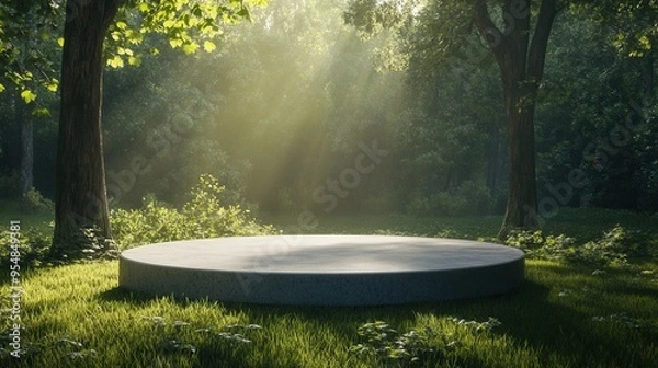 Fototapeta Round Concrete Platform for Product Presentation in Forest. AI generated illustration