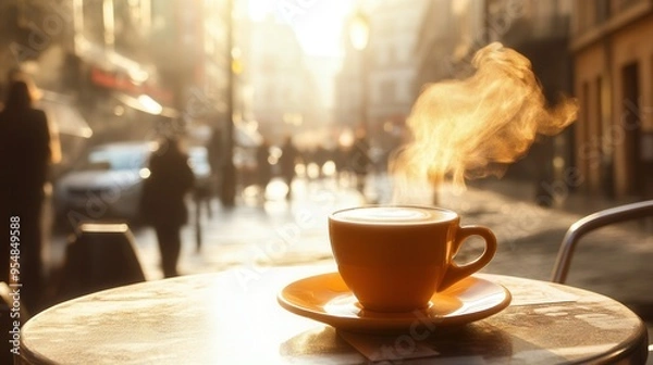 Fototapeta Steaming Espresso Cup on Cafe Table with European Street View. AI generated illustration