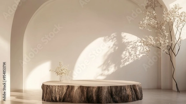 Fototapeta Rustic Tree Stump Podium with Soft Lighting and Floral Accents in a Modern Room. AI generated illustration