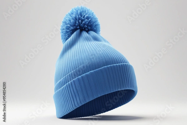 Fototapeta A blue beanie hat with yellow background, AI Generated