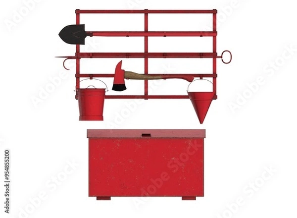 Fototapeta fire equipment wall isolated with sandbox, buckets, shover and axe