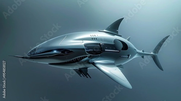 Obraz Sleek futuristic drone shaped like Megalodon with the drones body mimicking the sharks streamlined form and its rotors designed to resemble the sharks fins The drones movements are fluid and sharklike