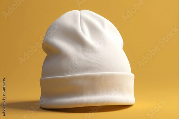 Fototapeta A white beanie hat with yellow background, AI Generated