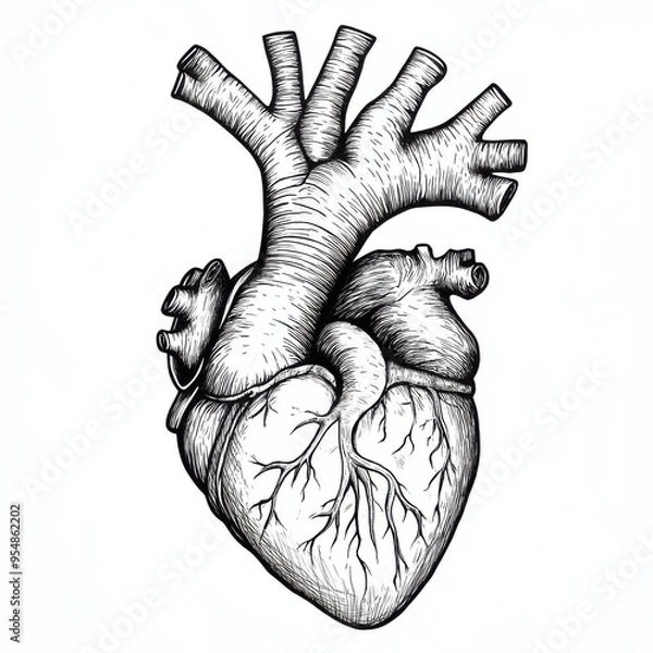 Fototapeta Detailed Black and White Outline of a Human Heart with Anatomical Features, Including Chambers and Valves, Ideal for Coloring on a Clean White Background