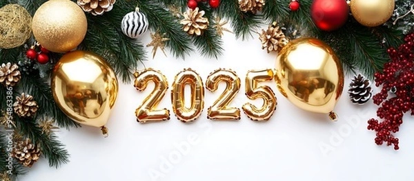 Obraz New Year banner with golden foil balloons displaying the numbers "2025" and Christmas decorations on a white background, representing the New Year celebration concept.