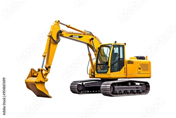 Fototapeta Yellow excavator with a brown bucket on the treads. Ideal for construction, industrial, machinery, engineering, and heavy equipment concepts in design projects