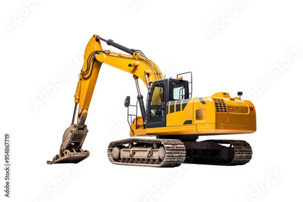Fototapeta Yellow excavator with a brown bucket on the treads. Ideal for construction, industrial, machinery, engineering, and heavy equipment concepts in design projects