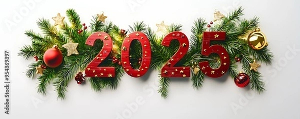 Obraz 3D text "2025" with Christmas decorations, white background.