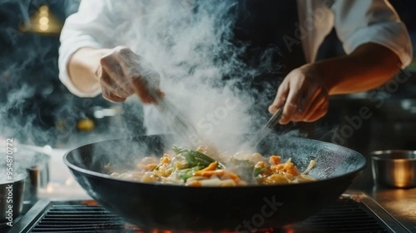 Fototapeta A chef preparing a traditional Thai tom yum soup over a smoky grill, infusing the broth with rich flavors and aromas.