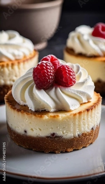 Fototapeta Mini cheesecakes crafted from creamy cottage cheese, each adorned with vibrant raspberries for a delightful treat. Generative AI