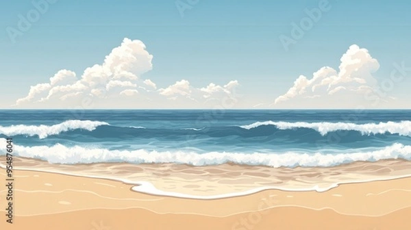 Obraz Beautiful Summer Beach Scene with Blue Sky, White Clouds, Ocean Waves, and Sandy Beach.