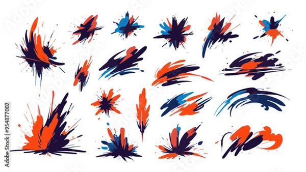 Fototapeta ink splashes in orange and blue color combination vector abstract brush strokes design elements on white background 