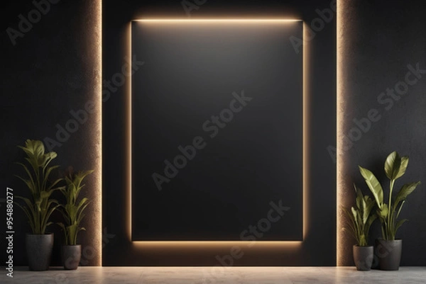 Fototapeta Empty black Poster mockup on the black wall with backlight, AI Generated