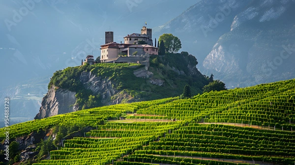 Fototapeta A vineyard in the Aosta Valley Italy with a historic fort on the hilltop.