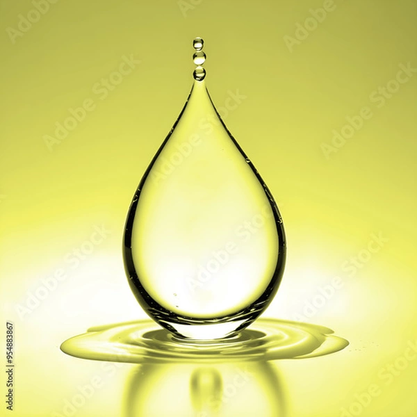 Fototapeta Water oil Drop: A Simple and Elegant Image of a Water  or oil Droplet in yellow Suspended in Mid-Air and ripple of water at the base