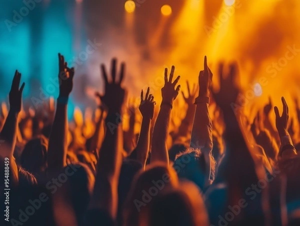 Obraz Oktoberfest crowd cheering and raising their hands during a popular song, full of energy and enthusiasm