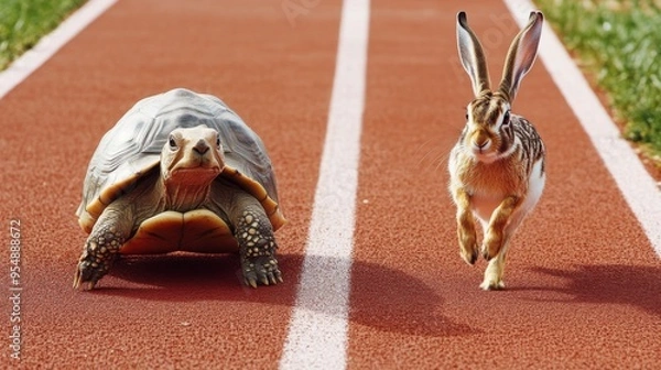 Obraz An image capturing the essence of the tortoise and hare fable with both animals on a professional running track, showcasing the race between slow and steady versus fast.