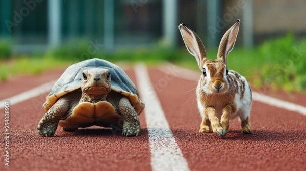 Obraz A clear image of a tortoise and a hare lined up on a red running track, ready to start a race, encapsulating the essence of their legendary contest.