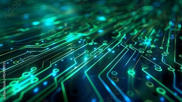 Fototapeta Close-up of a circuit board with glowing green and blue lines and dots, illustrating modern technology and connectivity.