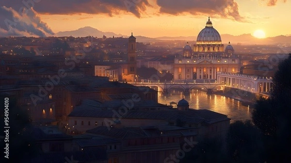 Fototapeta 132. **Render the Vatican City with its grand St. Peter's Basilica and the surrounding piazza bathed in the light of the setting sun.**
