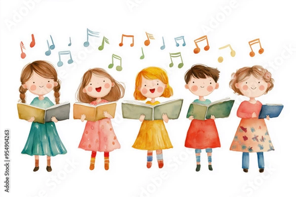 Fototapeta Children choir illustration. Watercolor. 