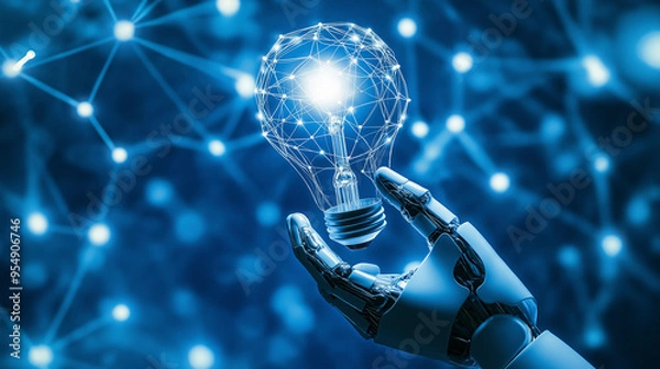 Fototapeta Robot hand holds a glowing light bulb representing innovation and technology on a blue background with a network effect