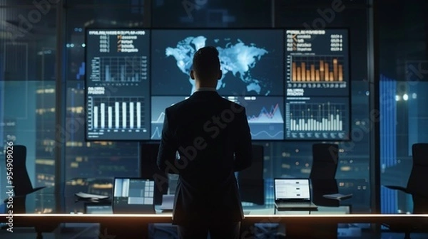 Fototapeta Corporate leader presenting strategic plans interactive financial dashboards and market analytics