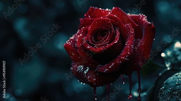 Fototapeta A blood-soaked red rose, dripping with crimson, set against a dark background, capturing the essence of fatal beauty.